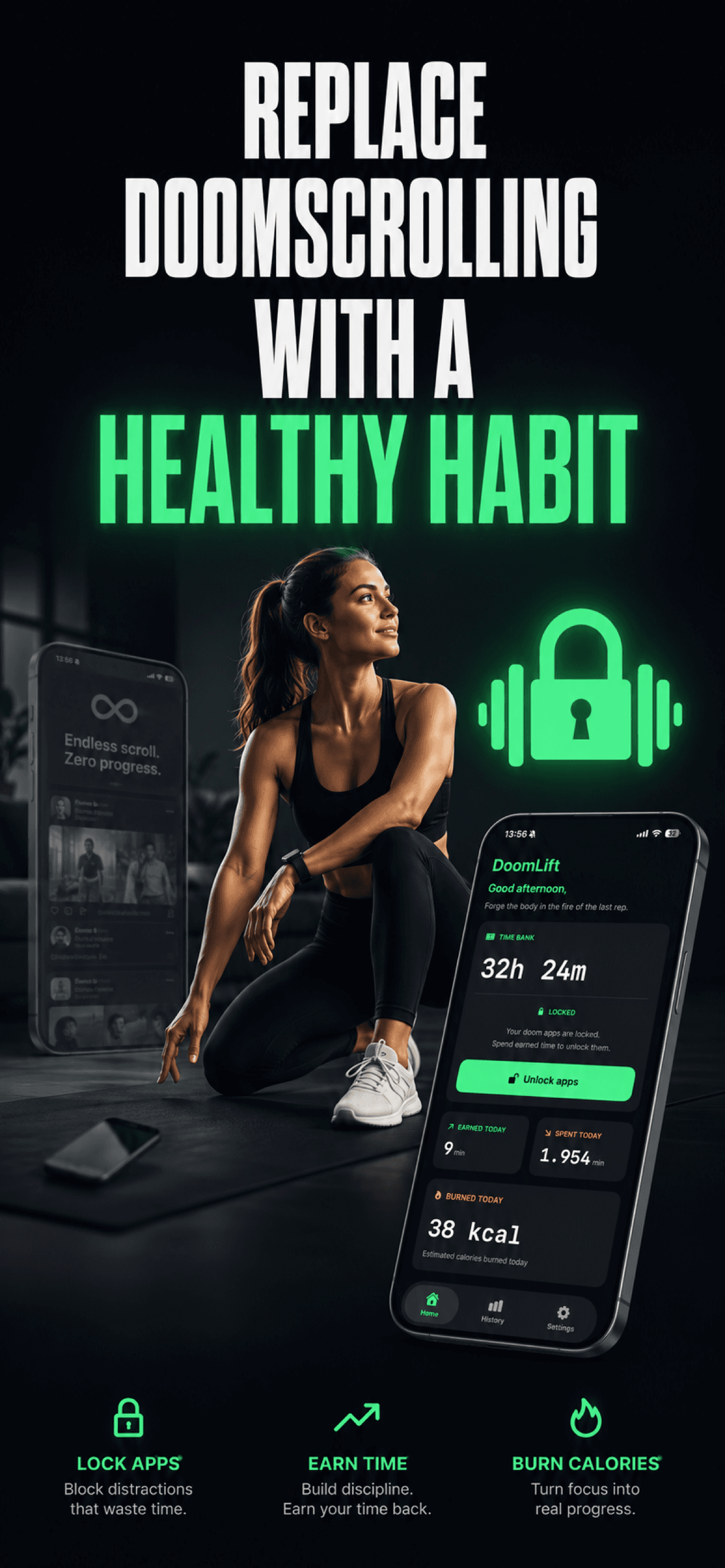 DoomLift dashboard — replace doomscrolling with a healthy habit